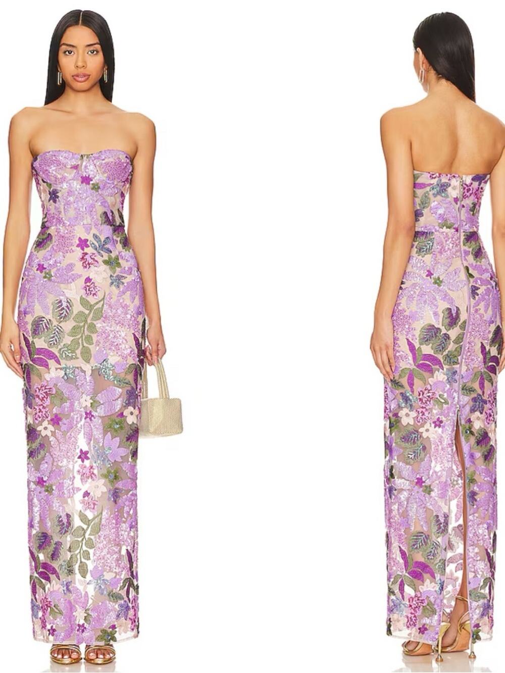 BRONX AND BANCO Dahlia Floral Appliqué Strapless Lilac Maxi Dress Size Large - Picture 1 of 7